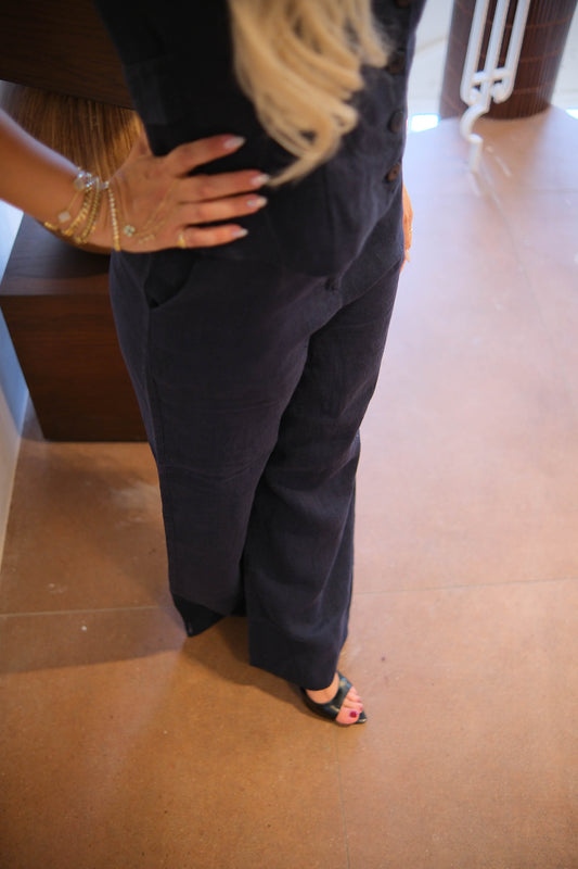 LACİVERT SIRT DETAYLI KETEN TAKIM