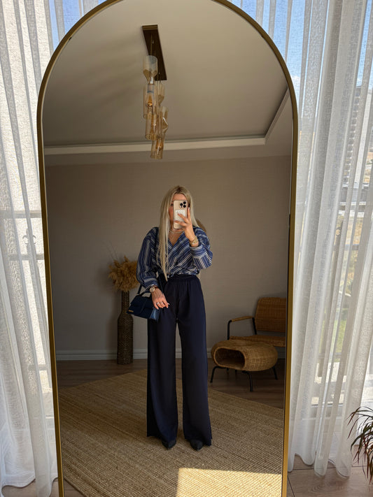 LACİVERT BELİ LASTİKLİ SATEN PALAZZO PANTOLON