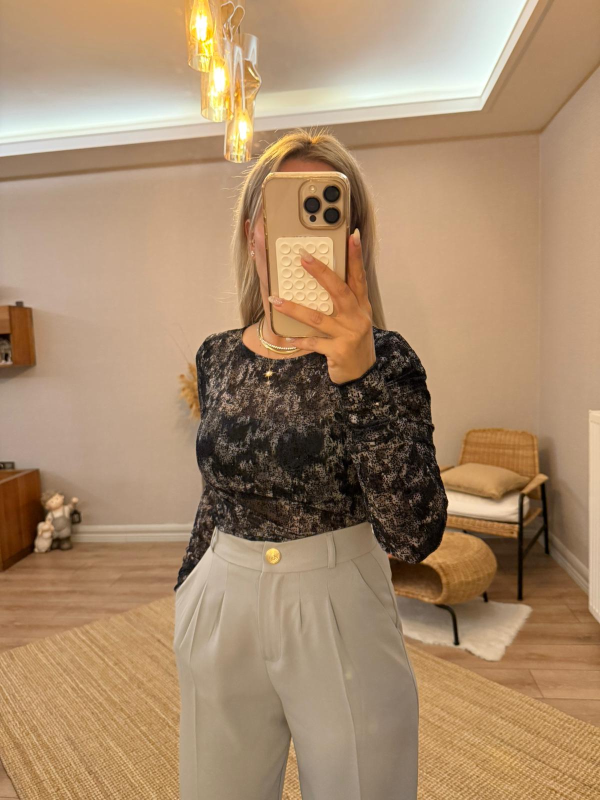 PİLELİ PALAZZO PANTOLON GOLD DÜĞME DETAYLI