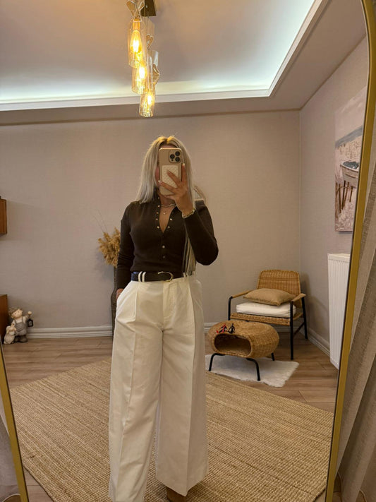 PİLELİ GENİŞ PAÇA BEYAZ PANTOLON